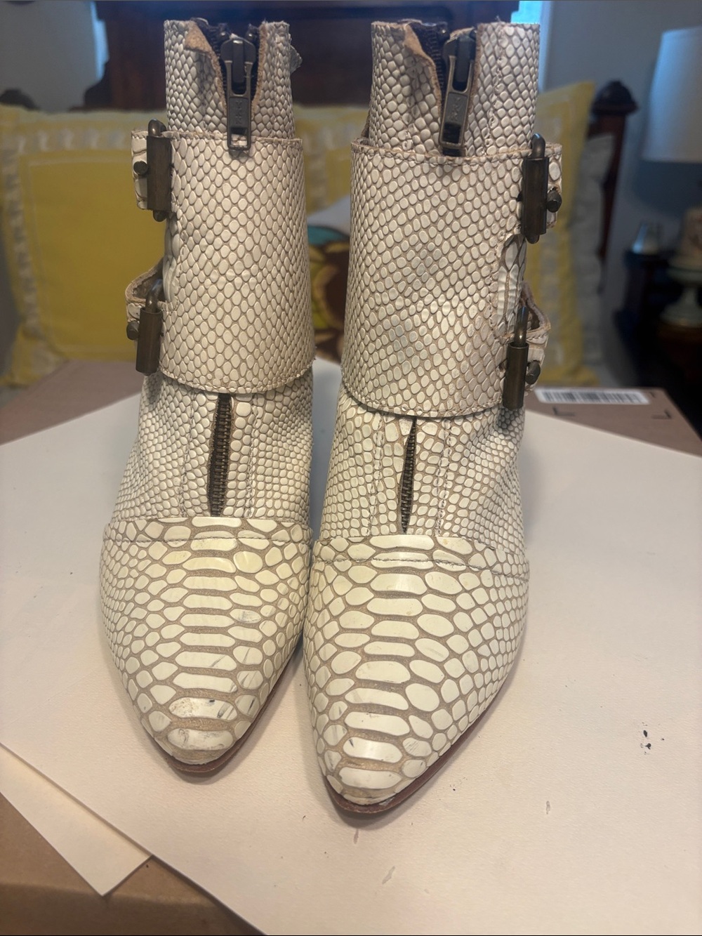 Freebird by Steven Cream Snake-Embossed Pointed Ankle Booties with Buckle Detail